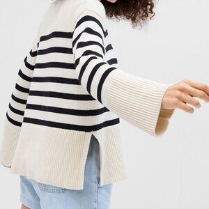 Gap 24/7 Stripe Sweater Split Hem Crew Neck Black/Ivory Oversized Cotton M